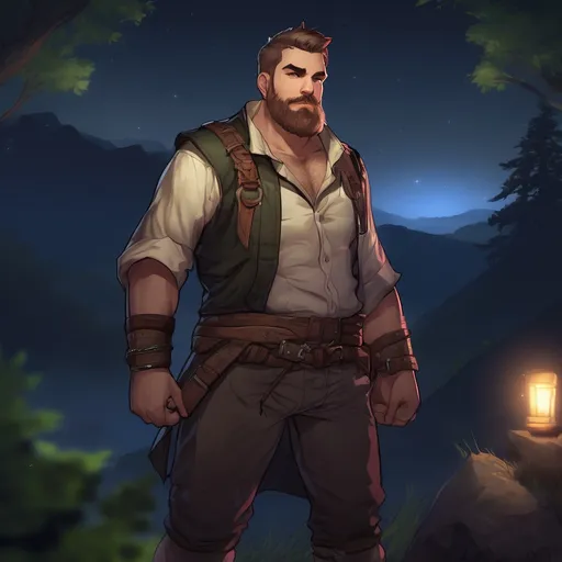 Prompt: (Full body) male stocky big-chested fighter with short hair and beard, open shirt, in nature at night, pathfinder, d&d setting, in a realistic digital art style