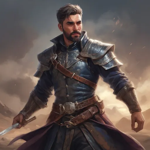 Prompt: Male stocky heavy-set argentinian royal magus with short-cut hair and beard, on a windy battlefield, pathfinder, d&d setting, in a realistic high quality digital art style, enhanced shadow quality