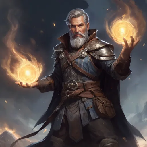 Prompt: Male heavy-set mature fit mystic with short-cut hair and beard, holding a magical portal-spell in hand, in a windy battlefield, pathfinder, d&d setting, enhanced shadow quality