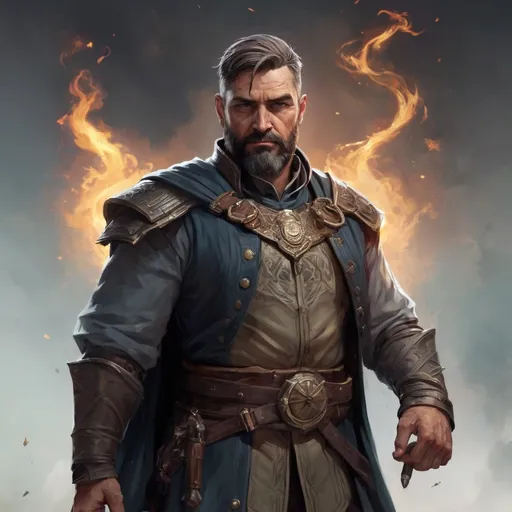 Prompt: Male stocky heavy-set mature illutionist with short-cut hair and beard, on a battlefield, in combat, casting a sage-spell, pathfinder, d&d setting, enhanced shadow quality, realistic