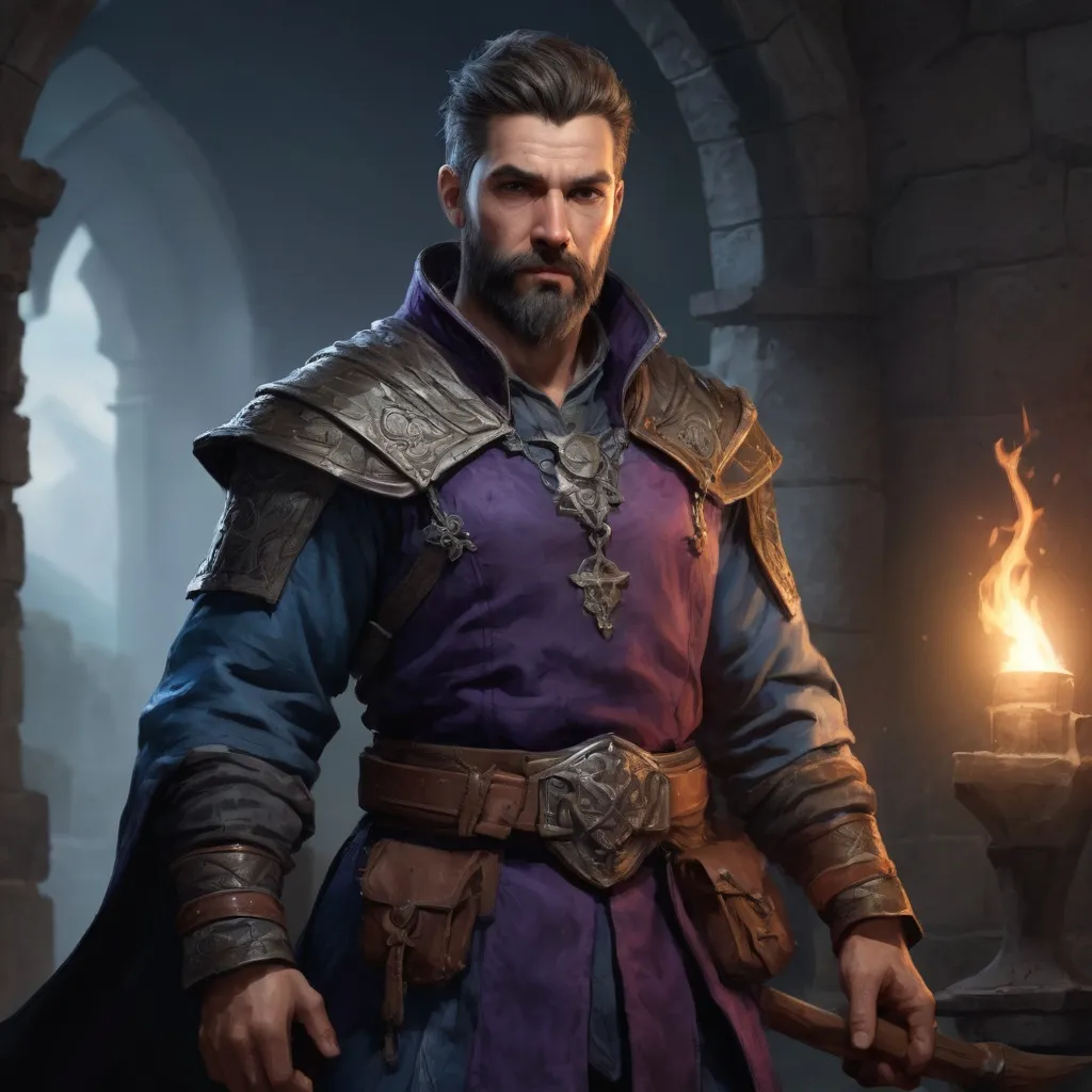 Prompt: Male stocky large fit sorcerer with short-cut hair and beard, in dark castle, pathfinder, d&d setting,realistic high quality, enhanced shadow quality, colorful