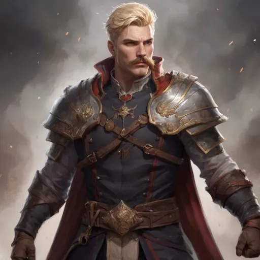 Prompt: (Full body) male stocky masculine manly hunky royal guard with short blonde hair and mustache, hairy chest, in a dark battle field, pathfinder, d&d setting, in a realistic high quality digital art style