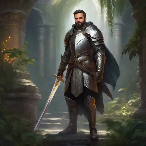 Prompt: (Full body) a cleric with short beard grey short-cut hair, big shiny magical armor, holding a sword, standing in a dark overgrown temple ruin, fantasy setting, dungeons & dragons, in a painted style realistic art