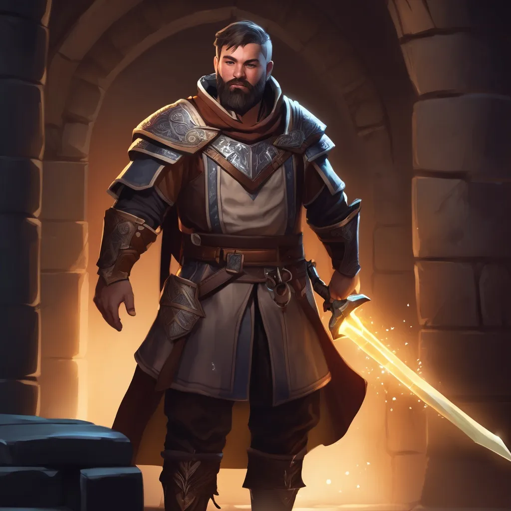 Prompt: (Full body) male magical stocky cleric with short hair and beard, in a dark dungeon, pathfinder, d&d setting, in a realistic digital art style