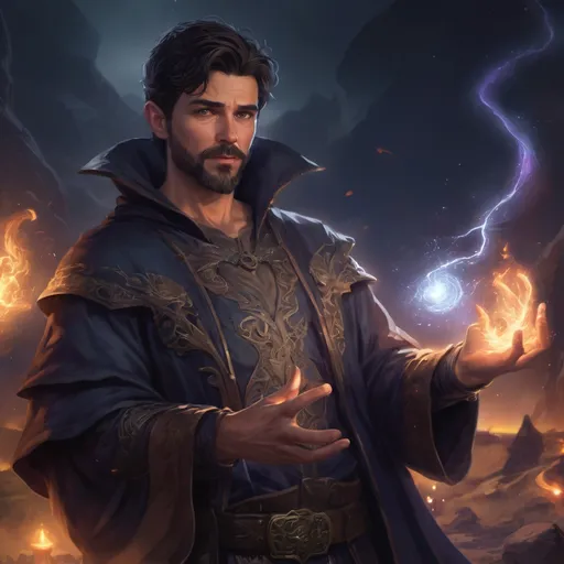 Prompt: male stocky mature sorcerer with short dark hair and beard, casting a spell out of hands, in a magical battlefield at night, pathfinder, d&d setting, in a realistic high quality digital art style