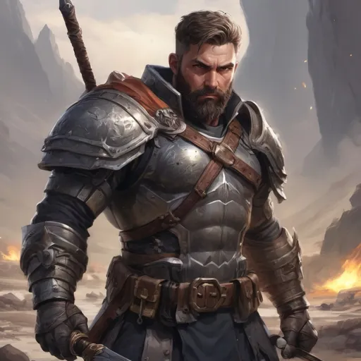 Prompt: Male stocky heavy-set mature muscular guardian with short-cut hair and beard, on a battlefield, in combat, holding a sword, pathfinder, d&d setting, in a realistic high quality digital art style, enhanced shadow quality, colorful