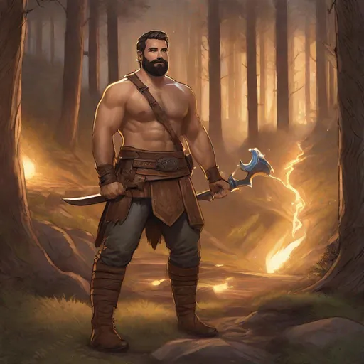 Prompt: (Fullbody) male adult brawler manly face short-hair grey stripes, bearded, no shirt hairy chest, heavy belt , swirly magic, brown boots, pathfinder, dungeons and dragons, outside a town by a forest at night, holding a weapon, in a painted style, realistic