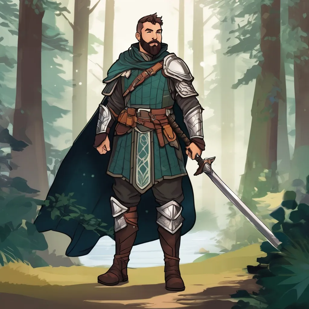 Prompt: (Full body) male warrior with short hair and beard, outside of a forest, pathfinder, d&d setting, in a detailed digital art style