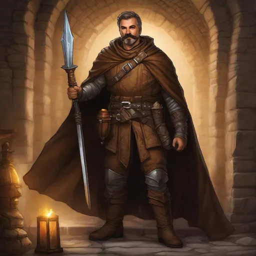 Prompt: (Fullbody) a mature rogue manly face, brown-grey short-hair mustache and stubble, leather armor open chest hairy, heavy belt, brown boots, cloak, pathfinder, dungeons and dragons, exploring an old dungeon in the dark, holding a dagger and a lantern, in a painted style, realistic