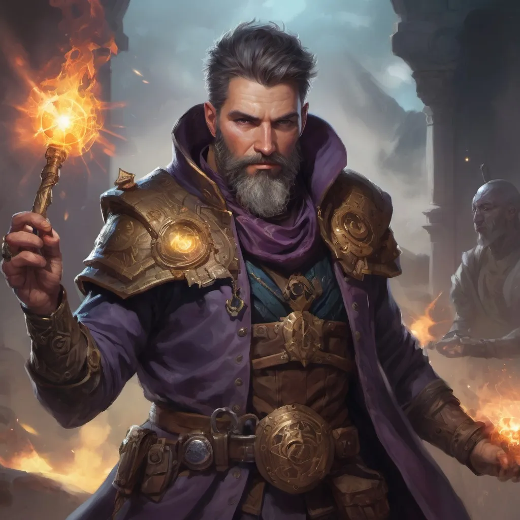 Prompt: Male stocky heavy-set mature arcane-alchemist with short-cut hair and beard, on a battlefield, in combat, holding a astral-bomb, pathfinder, d&d setting, in a realistic high quality digital art style, enhanced shadow quality, colorful