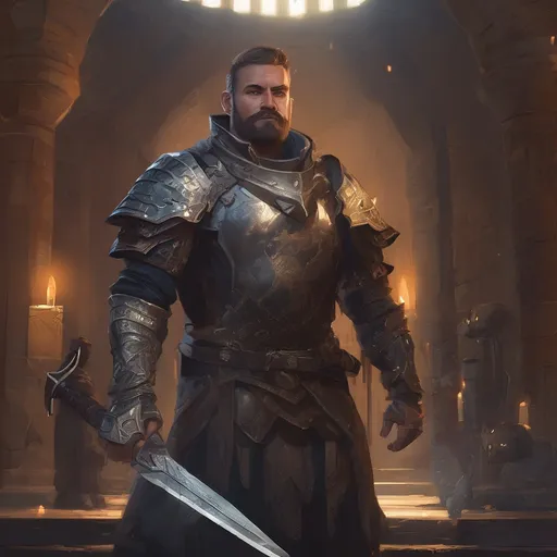 Prompt: (Full body) male stocky warrior with short-cut hair and beard, in a dark magic temple dungeon, wearing big shoulderguards, pathfinder, d&d setting, in a realistic digital art style