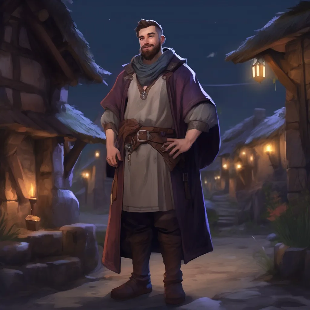 Prompt: (Full body) male thick manly mage with short hair and beard, outside of a village at night, pathfinder, d&d setting, in a realistic digital art style