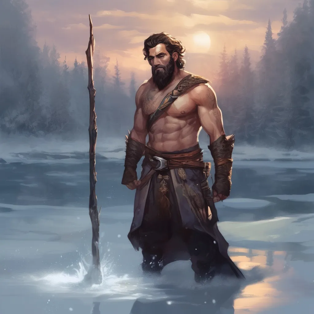 Prompt: (Full body) male stocky hairy-chested  sorcerer with short-cut hair and beard, no shirt on, freezing a lake to ice with magic spell at night, pathfinder, d&d setting, in a realistic digital art style