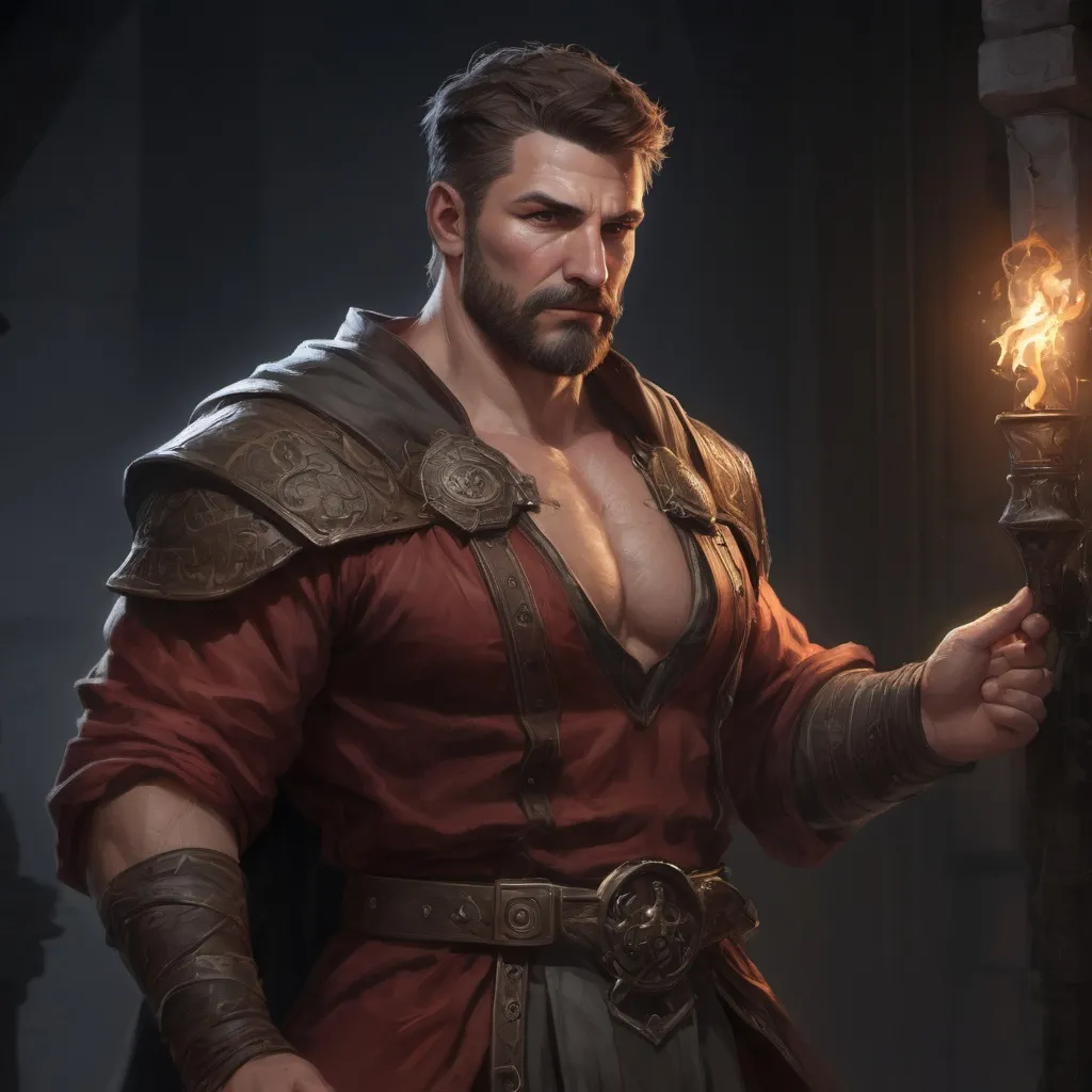 Prompt: Male stocky large muscular sorcerer with short-cut hair and beard, exploring a dark trasure room, pathfinder, d&d setting, realistic, enhanced shadow quality