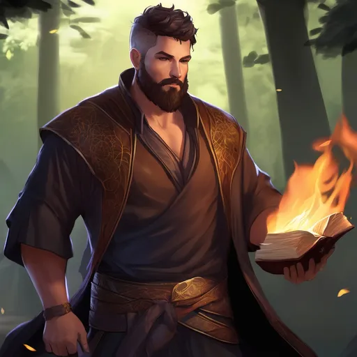 Prompt: (Full body) male stocky eidolon-summoner with short hair and beard, open shirt, in dark lit nature background, pathfinder, d&d setting, in a realistic digital art style