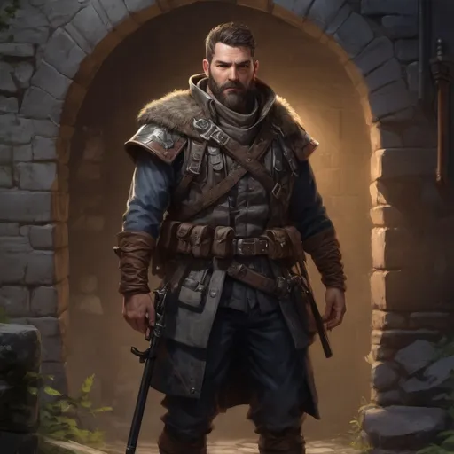 Prompt: (Full body) (zoomed out) male stocky heavy-set marksman with short hair and beard, outside of a dungeon entrance in nature at night, pathfinder, d&d setting, in a realistic high quality digital art style, enhanced shadow and light