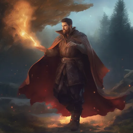 Prompt: (Full body) male large albanian sorcerer with short-cut hair and beard, casting a magical spell, outside of a forest at night, cloak, pathfinder, d&d setting, in a realistic digital art style