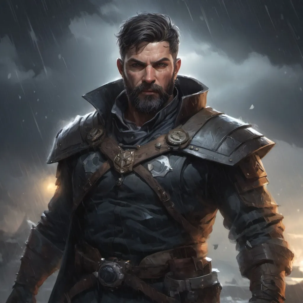 Prompt: Male stocky heavy-set mature fantasy-ranger with short-cut hair and beard, in a storm at night, pathfinder, d&d setting, in a realistic high quality digital art style, enhanced shadow quality