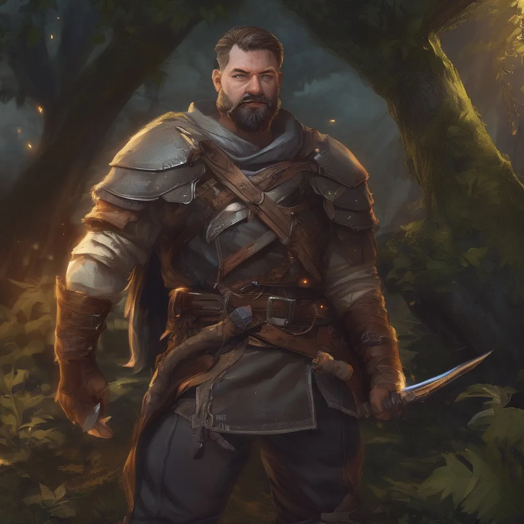 Prompt: (Full body) male stocky martial fighter with hairy chest and short hair and beard, in nature at night, pathfinder, d&d setting, in a realistic digital art style