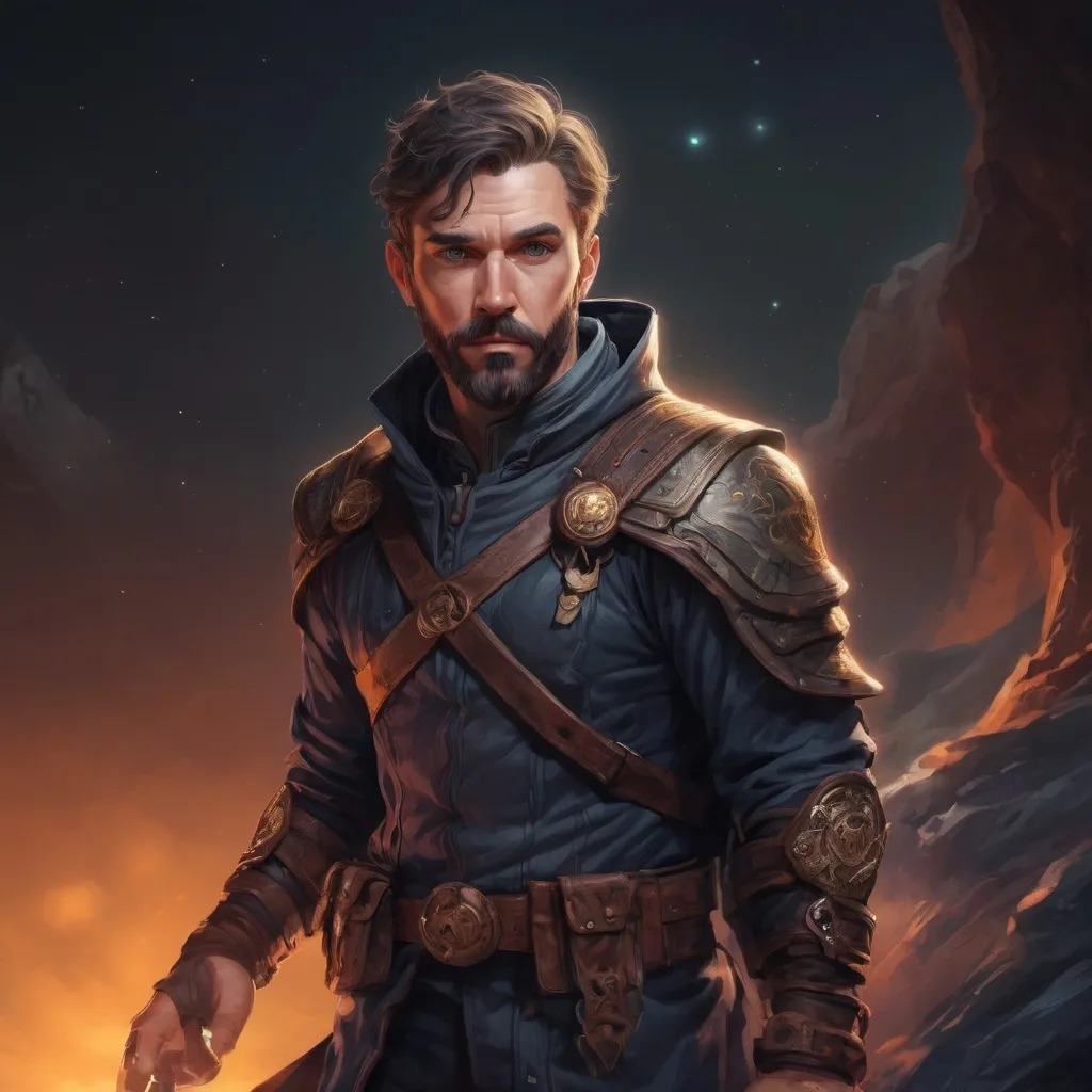 Prompt: Male stocky large mature irish transmuter with short-cut hair and beard, exploring a dark astral plane, pathfinder, d&d setting, in a realistic high quality digital art style, enhanced shadow quality, colorful