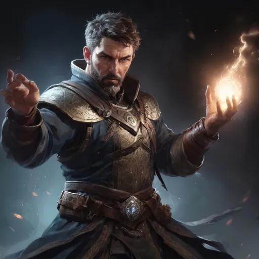 Prompt: Male stocky large mature fit battle-mage with short-cut hair and beard, engaged in combat casting a white-light spell in a dark room, pathfinder, d&d setting, realistic, enhanced shadow quality