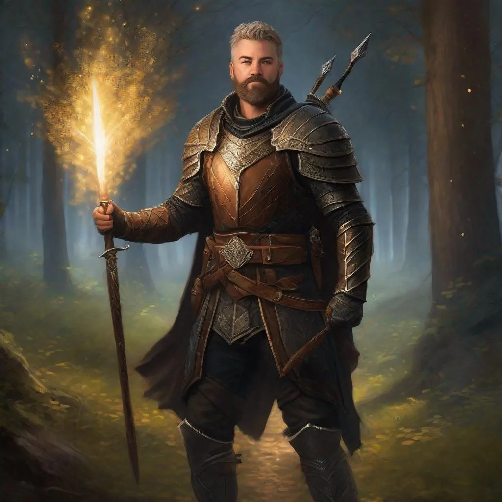 Prompt: (Full body) A male pathfinder with short cut salt and pepper hair with beard manly face, black-leather armor pathfinger, magic swirl, holding weapon, dungeons and dragons, brown boots, fantasy setting, standing in a forest glade at night, in a painted style realistic art
