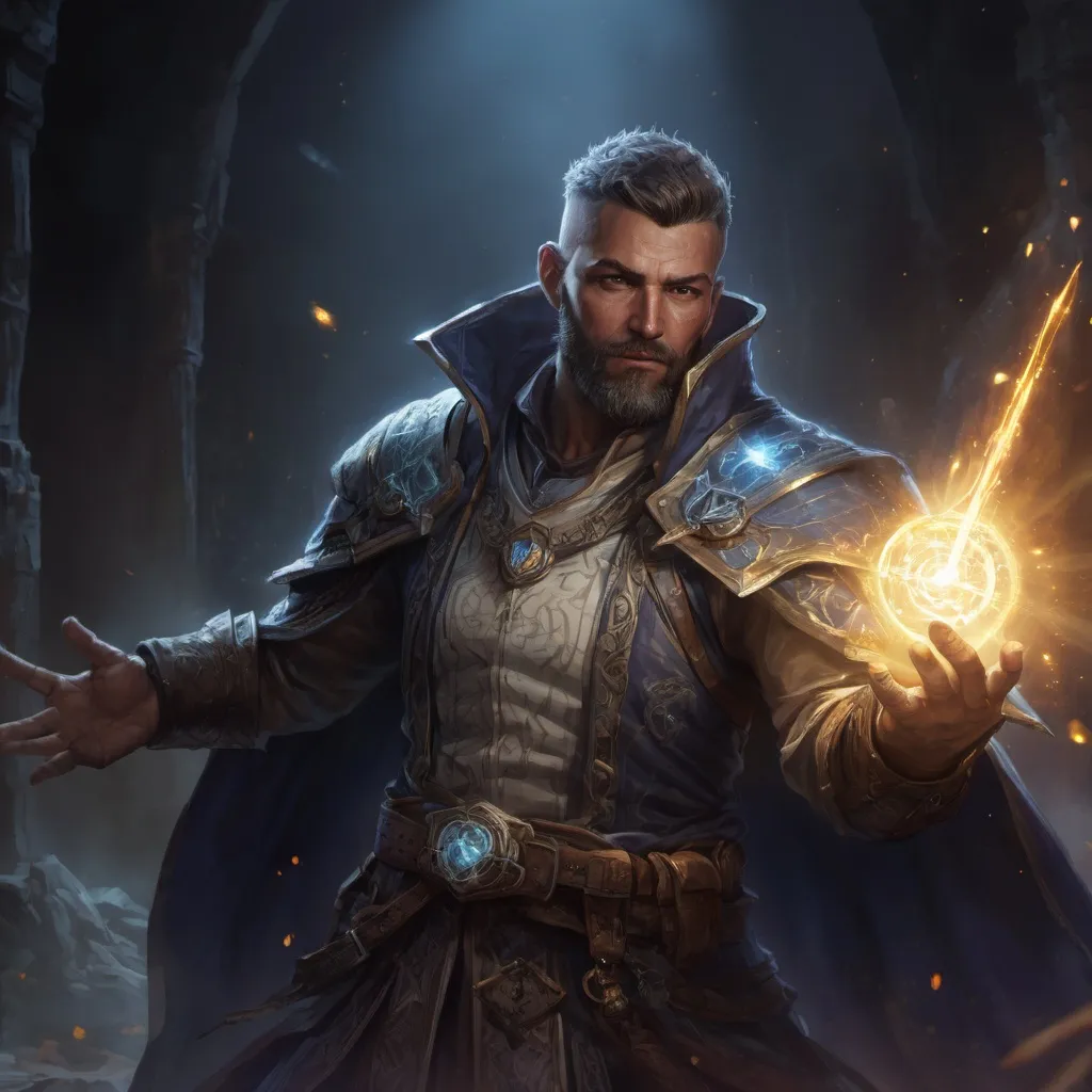 Prompt: Male stocky large mature arcane-mage with short-cut hair and beard, engaged in combat casting a prismatic-light spell inside of a dark dungeon, pathfinder, d&d setting, in a realistic high quality digital art style, enhanced shadow quality, colorful