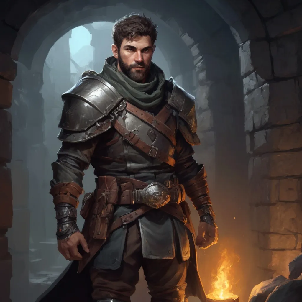 Prompt: Male stocky hairy sneaky rogue in light armour with short hair and beard, exploring a dark dungeon, pathfinder, d&d setting, in a realistic high quality digital art style, enhanced shadow quality, colorful