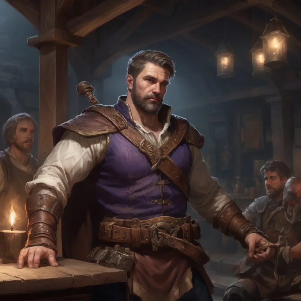 Prompt: Male stocky large muscular royal bard with short-cut hair and beard, exploring a dark tavern room, pathfinder, d&d setting, realistic, enhanced shadow quality