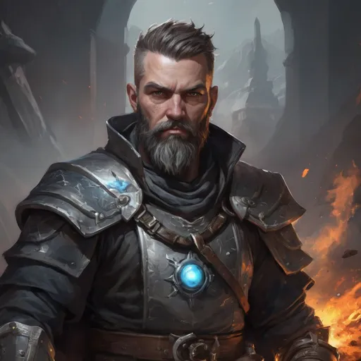 Prompt: Male stocky heavy-set mature arcane-alchemist with short-cut hair and beard, on a battlefield, in combat, holding a frostbomb, pathfinder, d&d setting, in a realistic high quality, enhanced shadow quality, colorful