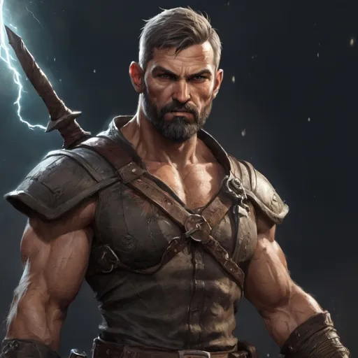 Prompt: (Torso) Male stocky large muscular mature fantasy-sorcerer with short-cut hair and beard, hairy chest, engaged in combat casting a spell standing in a windy field at night, pathfinder, d&d setting, realistic, enhanced shadow quality