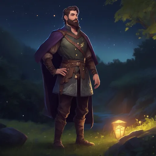 Prompt: (Full body) male magical stocky prince with short hair and beard, in nature at night, pathfinder, d&d setting, in a realistic digital art style