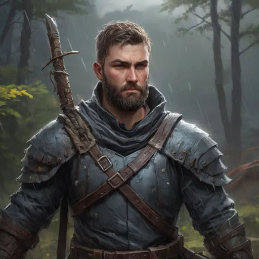 Prompt: Male stocky heavy-set warrior with short-cut hair and beard, in a thicket battlefield in a rainstorm, pathfinder, d&d setting, in a realistic high quality digital art style, enhanced shadow quality, colorful