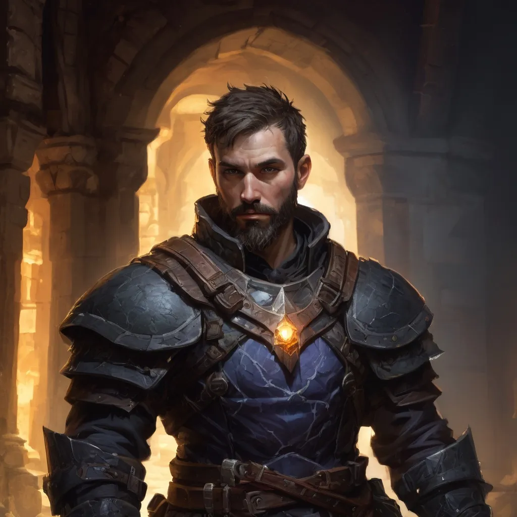 Prompt: Male stocky large mature dragoon with short-cut hair and beard, in a ruined temple dungeon at night, pathfinder, d&d setting, realistic , enhanced shadow quality, colorful