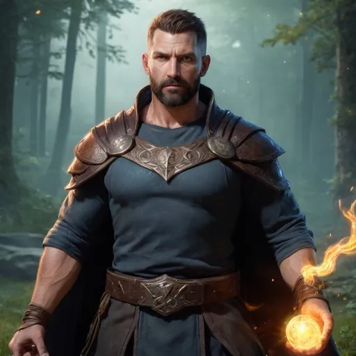 Prompt: (head and torso) Male stocky fit muscular 40-year old handsome druid with short-cut hair and beard, holding magic-spell, on a field outside of a forest at night, pathfinder, d&d setting, enhanced shadow quality