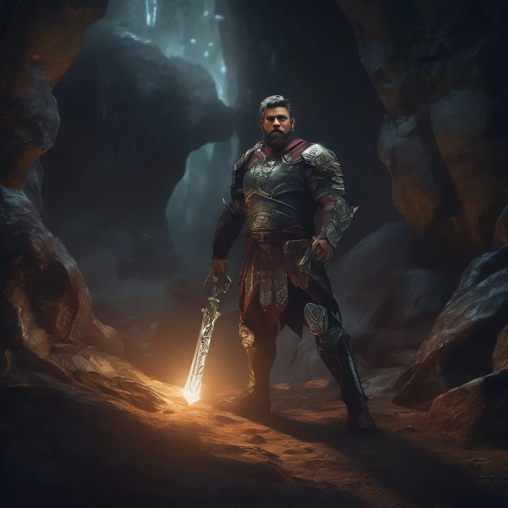 Prompt: (Full body) male handsome large muscular magical commander with short hair and beard, outside of a cave by a forest at night, pathfinder, d&d setting, in a realistic high quality digital art style