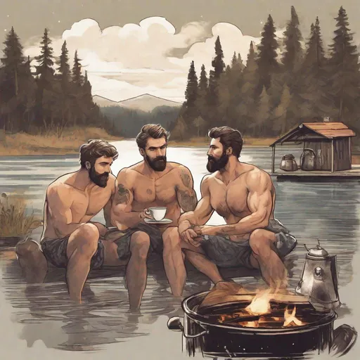 Prompt: Beautiful picture of three handsome short-haired bearded men with no shirt, in boxers, waking up after a night, looking at eachother, by a lake, coffee pot by the fire, in a painted style