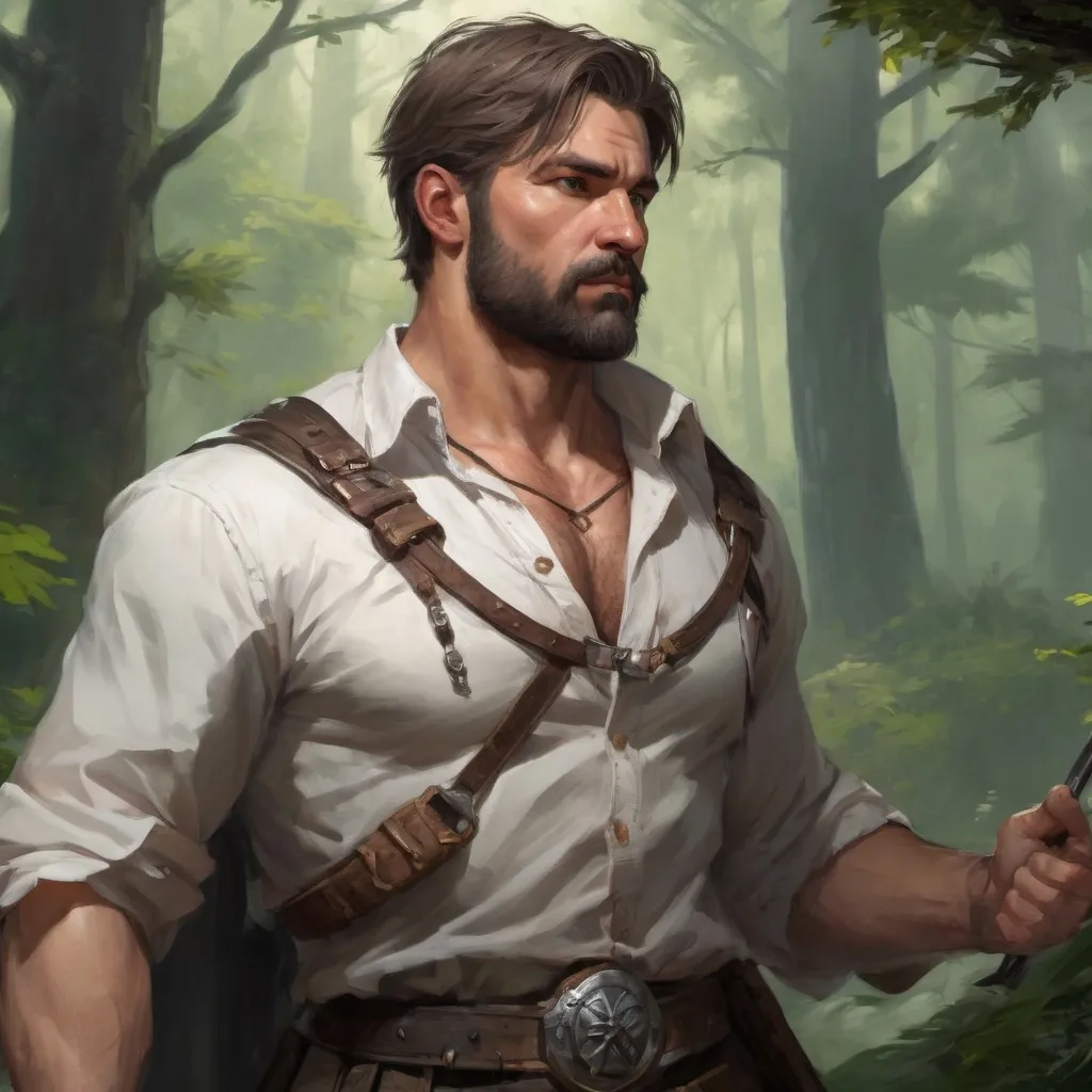 Prompt: (head and torso) Male heavy-set fit fat beefy 35-year old hunky battle mage-with short-cut hair and beard, hairy chest (chest hair), open shirt, holding magic-spell in hand, on a windy forest, pathfinder, d&d setting, enhanced shadow quality