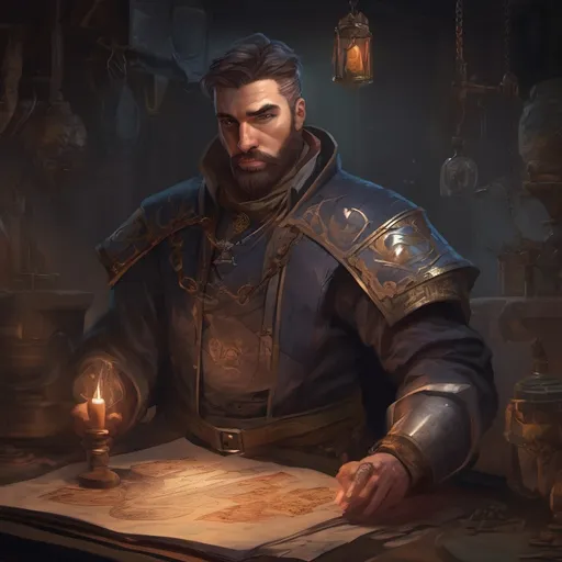 Prompt: (Full body) male stocky alchemist with short hair and mustache,  in a dark room, pathfinder, d&d setting, in a realistic digital art style