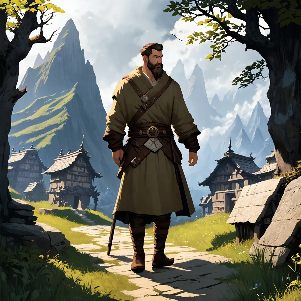 Prompt: (Full body) male druid with short hair and beard, exploring a dark fantasy villiage by a mountain, pathfinder, d&d setting, in a detailed digital art style