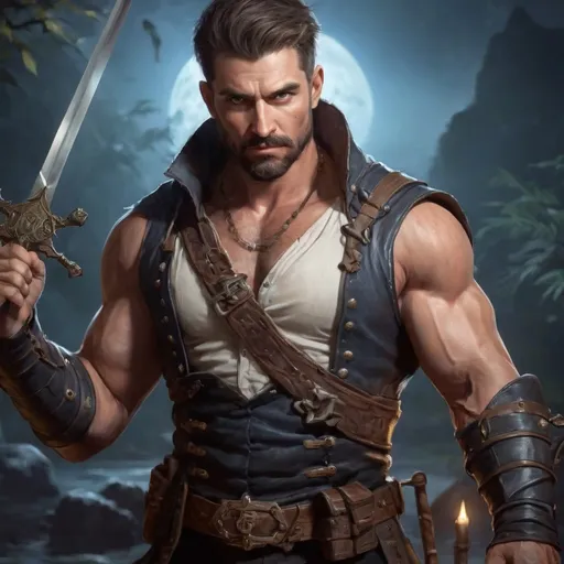 Prompt: male stocky muscular mature swashbuckler with short hair and beard, holding fantasy-weapon, in nature at night, pathfinder, d&d setting, Realistic, Enhanced shadow and light quality