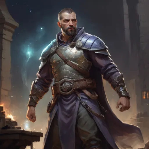 Prompt: (torso) Male stocky large 38-year old battle-mage with short hair and beard, engaged in combat casting an magical arcane-spell, villiage under siege at night, in movement, pathfinder, d&d setting, realistic, enhanced shadow quality, colorful