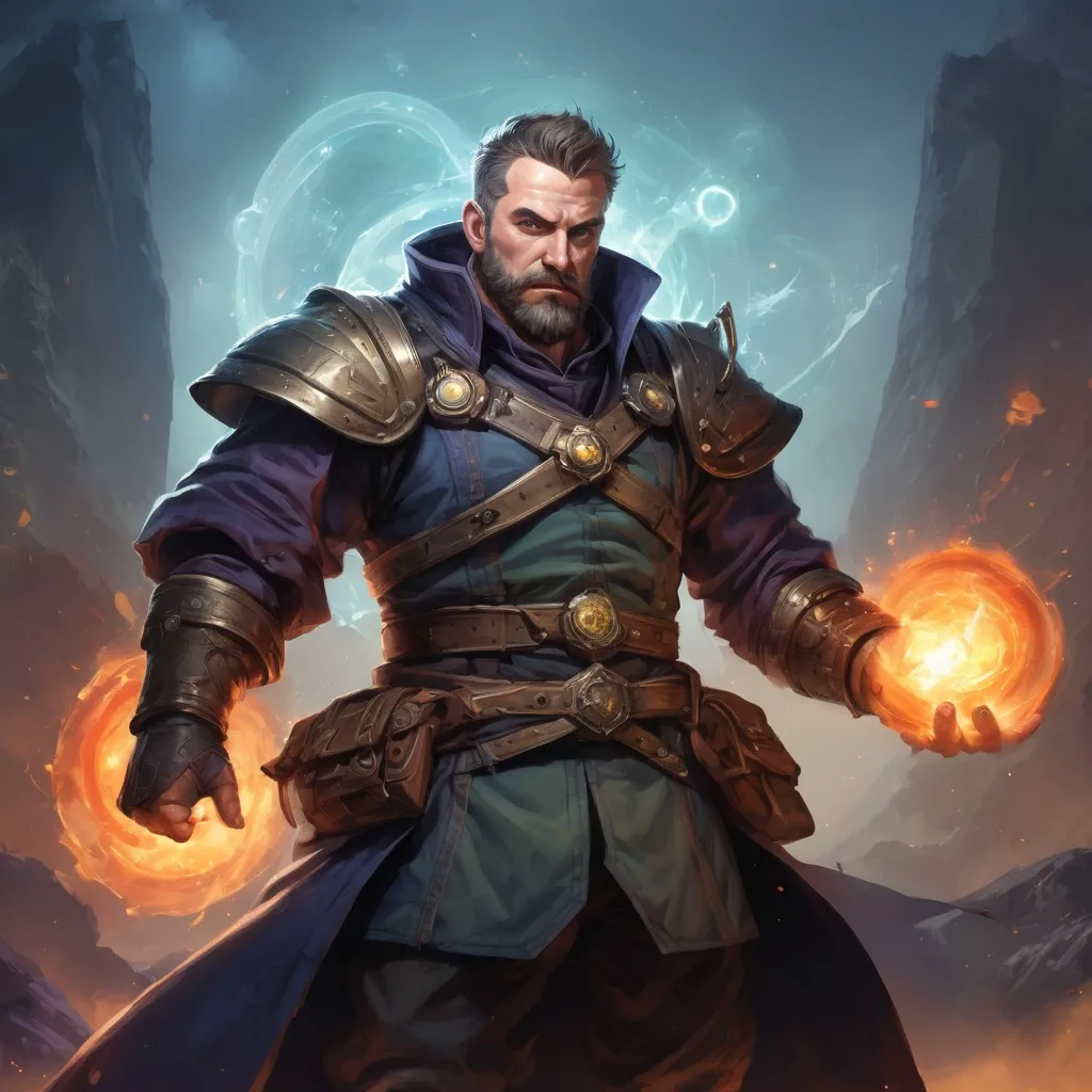 Prompt: Male stocky heavy-set mature arcane-alchemist with short-cut hair and beard, on a battlefield, in combat, holding a astral-bomb, pathfinder, d&d setting, in a realistic high quality digital art style, enhanced shadow quality, colorful