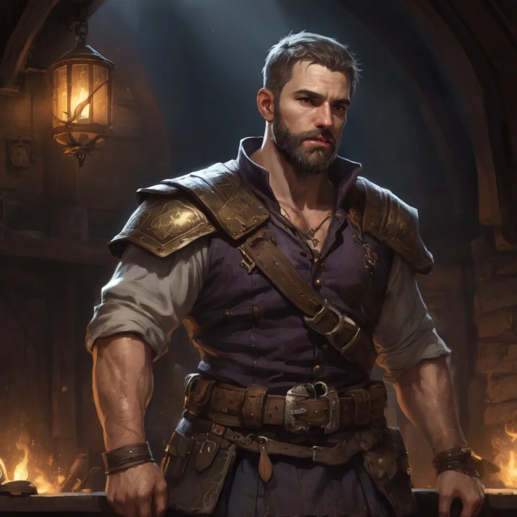 Prompt: Male stocky large muscular royal bard with short-cut hair and beard, exploring a dark tavern room, pathfinder, d&d setting, realistic, enhanced shadow quality