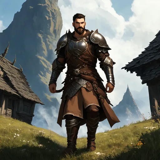 Prompt: (Full body) male warrior with short hair and beard, in brown rugged armor, exploring a dark fantasy villiage by a mountain, pathfinder, d&d setting, in a detailed digital art style