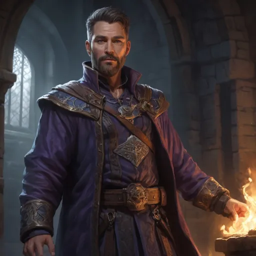 Prompt: Male stocky large fit sorcerer with short-cut hair and beard, in dark castle, pathfinder, d&d setting,realistic high quality, enhanced shadow quality, colorful clothing