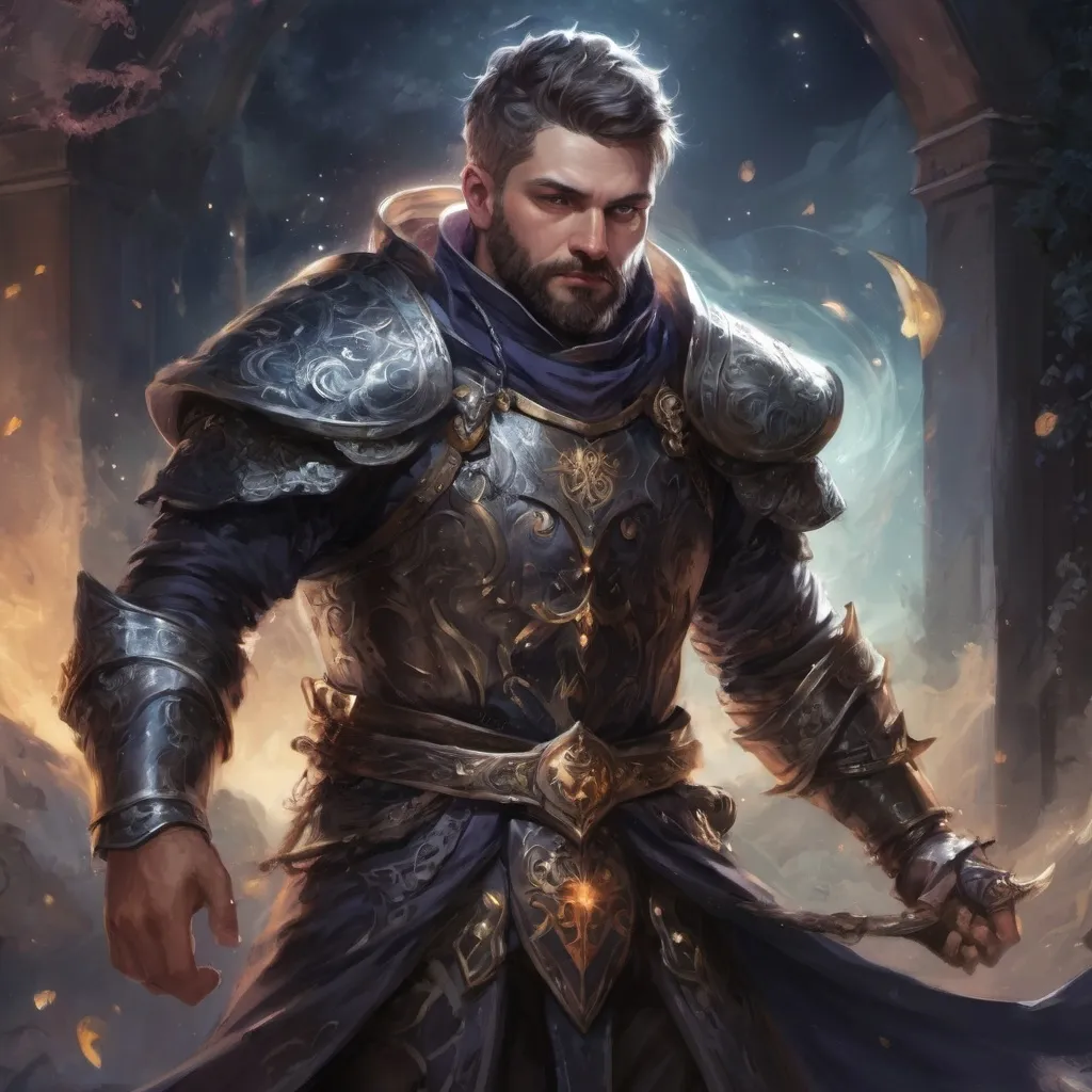 Prompt: (Full body) male stocky fat masculine knight with short hair and beard, surrounded by swirly dark bright spell, Lunar glow, in nature at night, pathfinder, d&d setting
