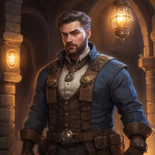 Prompt: Male stocky heavy-set steampunk engineer with short-cut hair and beard, big belly, inside a temple dungeon at night, pathfinder, d&d setting, in a realistic high quality digital art style, enhanced shadow quality