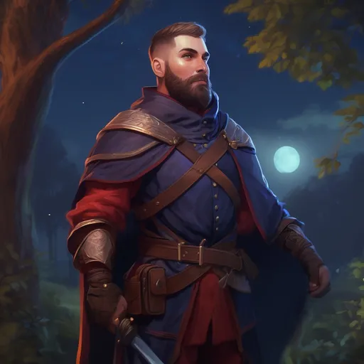 Prompt: (Full body) male magical stocky royal guard with short hair and beard, in nature at night, pathfinder, d&d setting, in a realistic digital art style