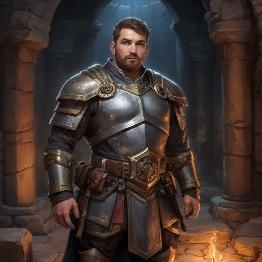 Prompt: Male stocky heavy-set paladin with short-cut hair and beard, big belly, inside a temple dungeon at night, pathfinder, d&d setting, in a realistic high quality digital art style, enhanced shadow quality